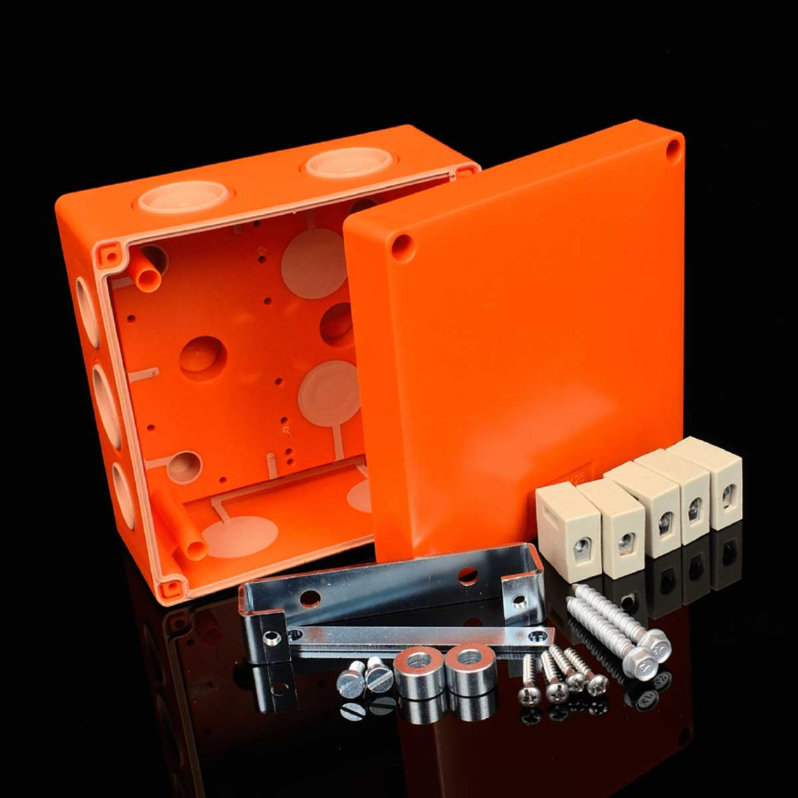 Коробка противопожарная с керамическим клеммником и крышкой 126X126X74 мм, IP66, оранжевый, RAL 2004