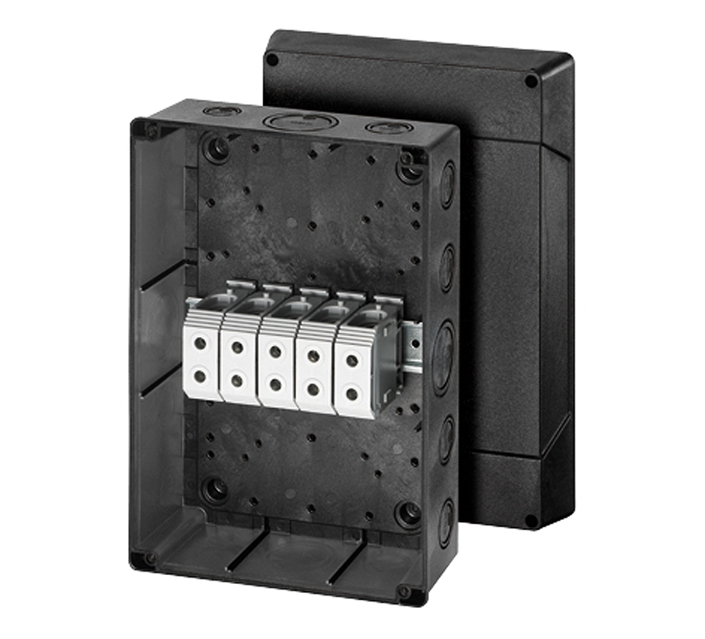 KF 5505- Коробка ответвительная, IP 65, размер 310х210х116, цвет черный, материал полистирол, опрессовка на 16 вводов M25/32/40/50, 5-полюсный клеммник, под кабель 16-50 кв.мм