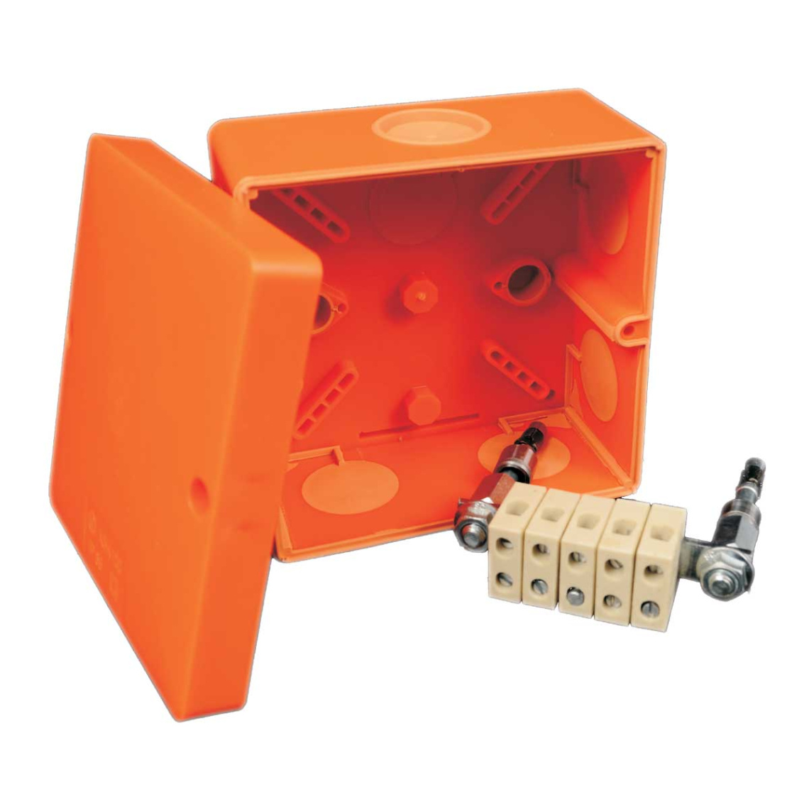 Коробка огнестойкая Е90, 101х101х62, IP66, с керамическим клеммником 5х1,5-6 мм2, оранжевая
