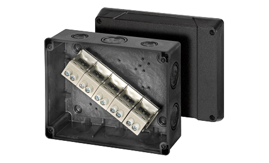 KF 5255- Коробка ответвительная, IP 65, размер 160х200х98, цвет черный, материал полистирол, опрессовка на 10 вводов M32/40, 5-полюсный клеммник, под кабель до 10-25/35 кв.мм