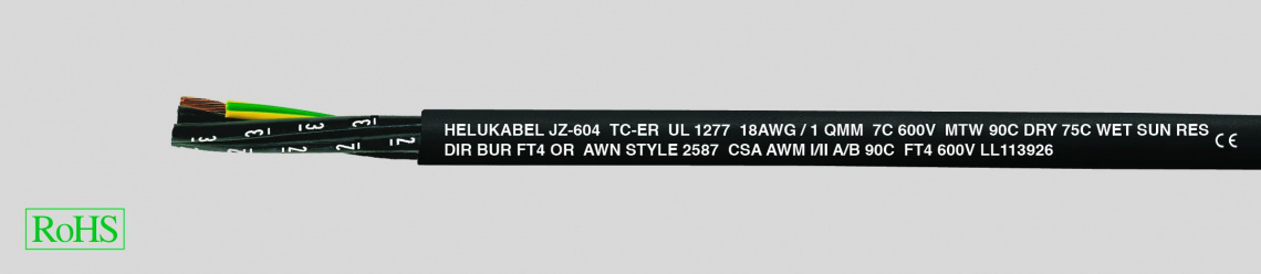 Кабель управления JZ-604 TC TRAY CABLE 3G6 QMM (AWG 10)  с цифровой маркировкой жил и жилой заземления