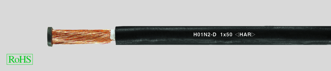 Гибкий сварочный кабель H01N2-D 1х50мм2, рабочее напряжение 100В, устойчивость к озону, свету, маслам, бензину.
