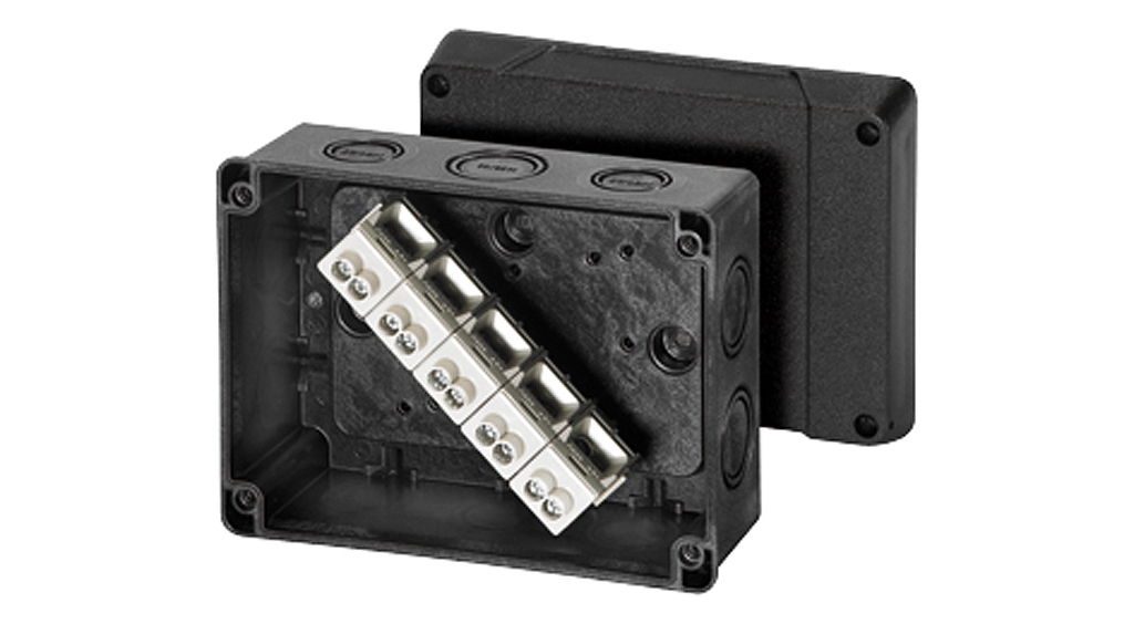 KF 5105 - Коробка ответвительная, IP 65, размер 125х167х82, цвет черный, материал полистирол, опрессовка на 10 вводов M25/32, 5-полюсный клеммник под кабель 4-10 кв.мм